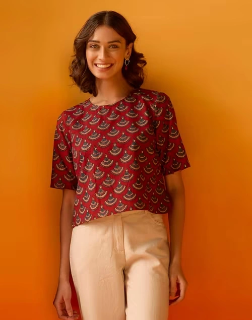 Red Cotton Printed Short Top