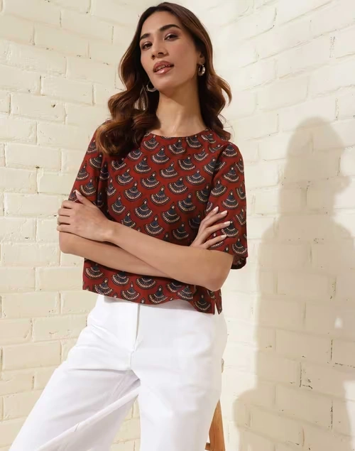 Red Cotton Printed Short Top