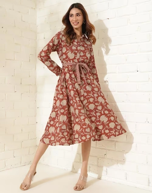 Red Cotton Printed Midi Dress
