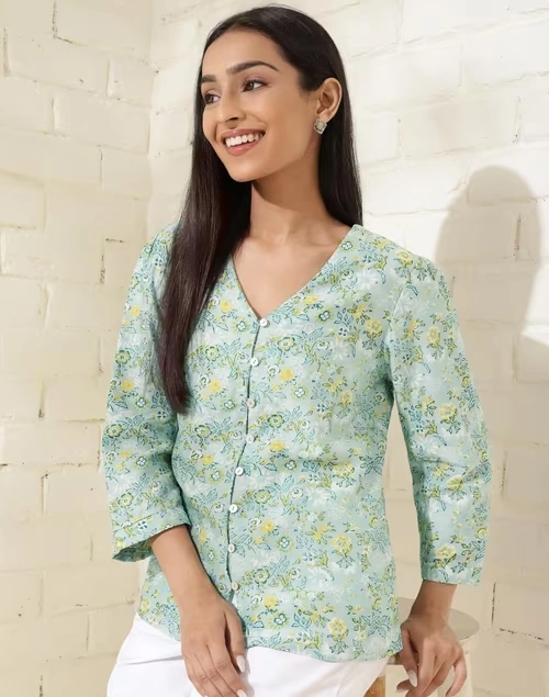 Blue Cotton Silk Printed Top