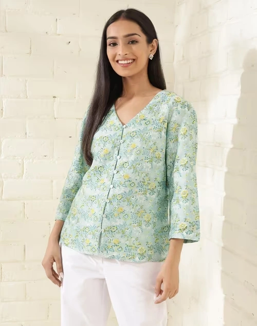 Blue Cotton Silk Printed Top