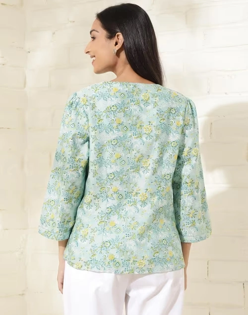 Blue Cotton Silk Printed Top
