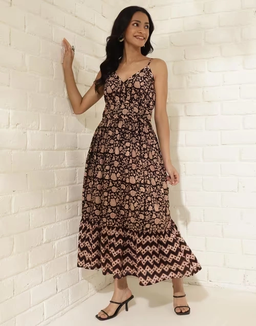 Black Cotton Printed Maxi