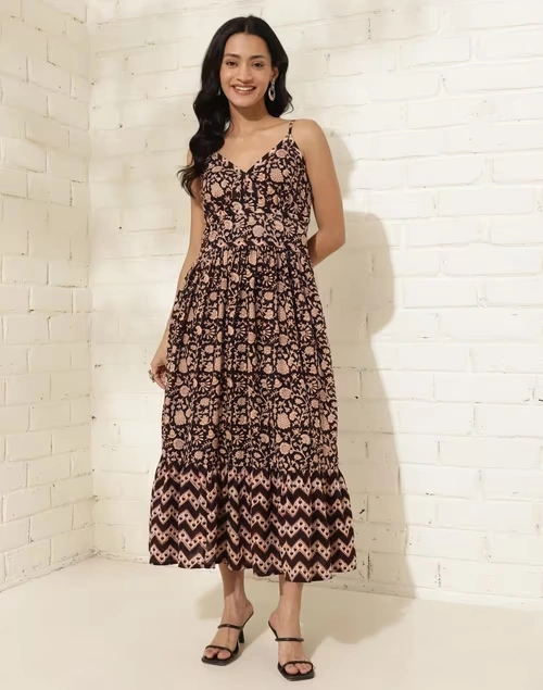 Black Cotton Printed Maxi