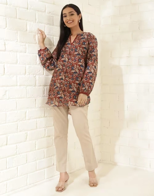 Red Cotton Silk Printed Tunic