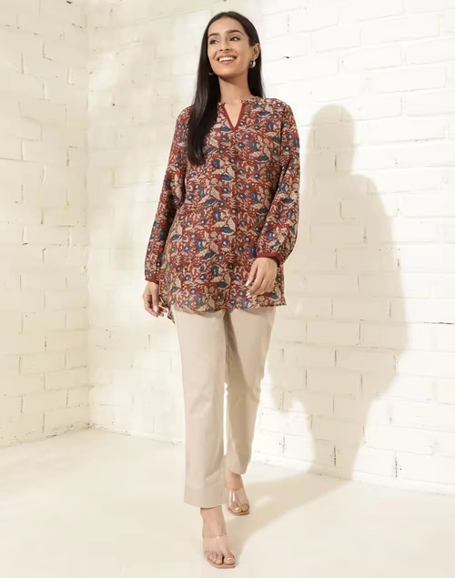 Red Cotton Silk Printed Tunic