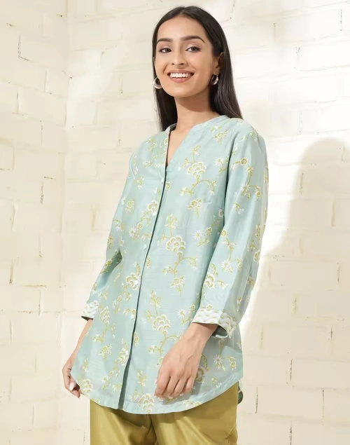 Blue Cotton Silk Printed Tunic