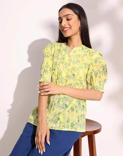 Yellow Cotton Printed Top