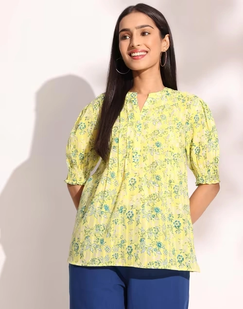 Yellow Cotton Printed Top