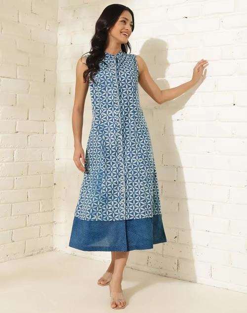 Blue Cotton Printed Midi Dress