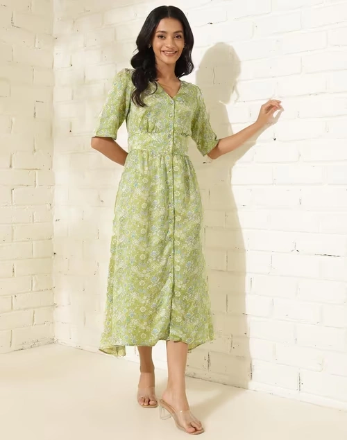 Green Viscose Printed Midi Dress