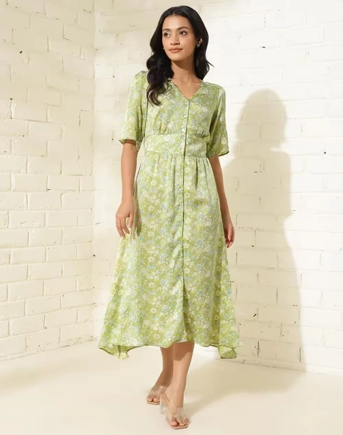 Green Viscose Printed Midi Dress