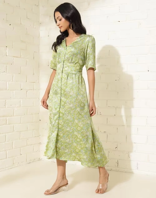 Green Viscose Printed Midi Dress 3 Green Viscose Printed Midi Dress