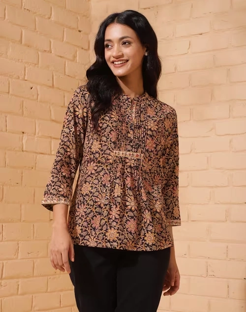 Black Cotton Printed Top