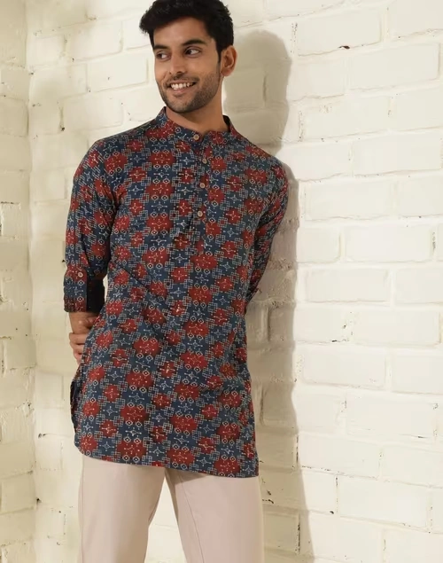 Blue Cotton Printed Slim Fit Short Kurta