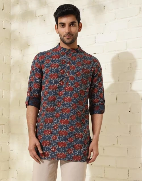 Blue Cotton Printed Slim Fit Short Kurta 3 Blue Cotton Printed Slim Fit Short Kurta