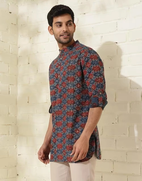 Blue Cotton Printed Slim Fit Short Kurta 4 Blue Cotton Printed Slim Fit Short Kurta