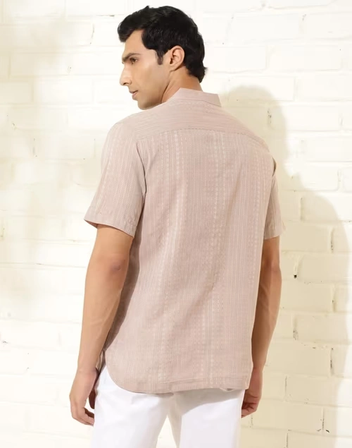 Brown Cotton Dobby Slim Fit Mid Placket Shirt