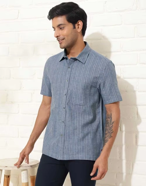 Blue Linen Blend Dobby Bush Shirt