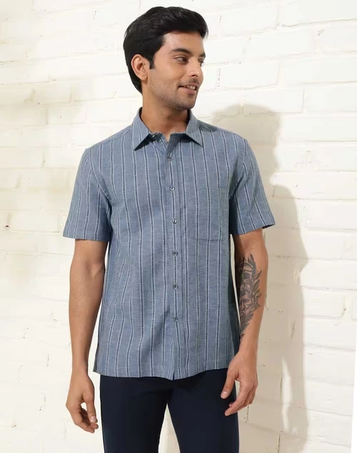 Blue Linen Blend Dobby Bush Shirt 3 Blue Linen Blend Dobby Bush Shirt
