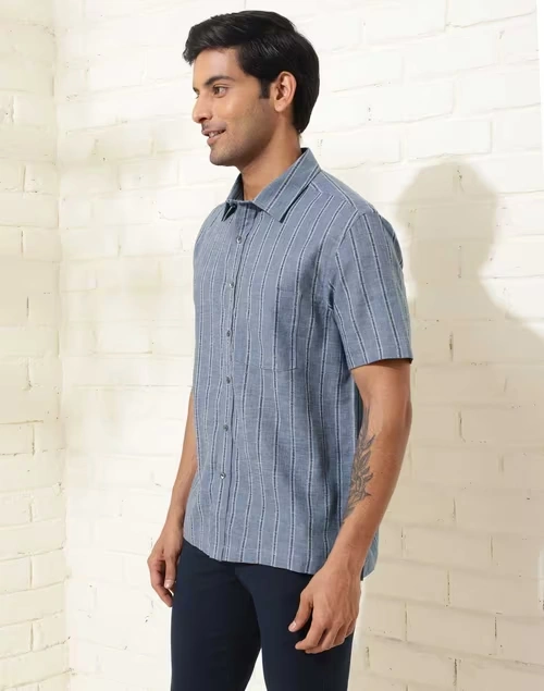 Blue Linen Blend Dobby Bush Shirt 4 Blue Linen Blend Dobby Bush Shirt
