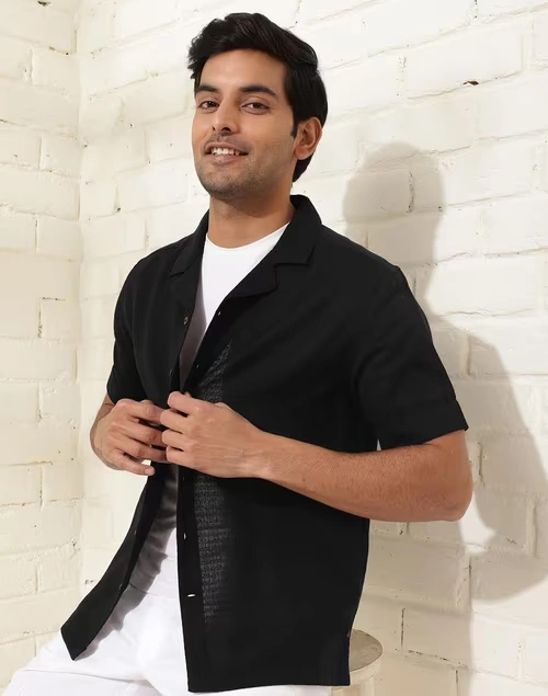 Black Cotton Cuban Shirt