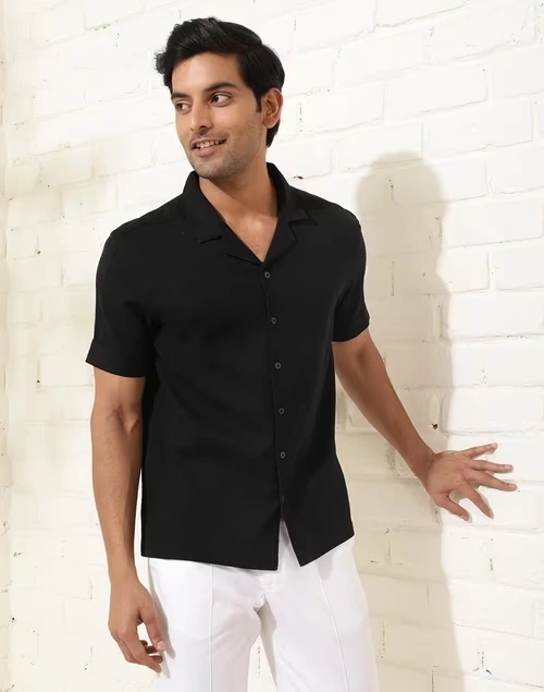 Black Cotton Cuban Shirt