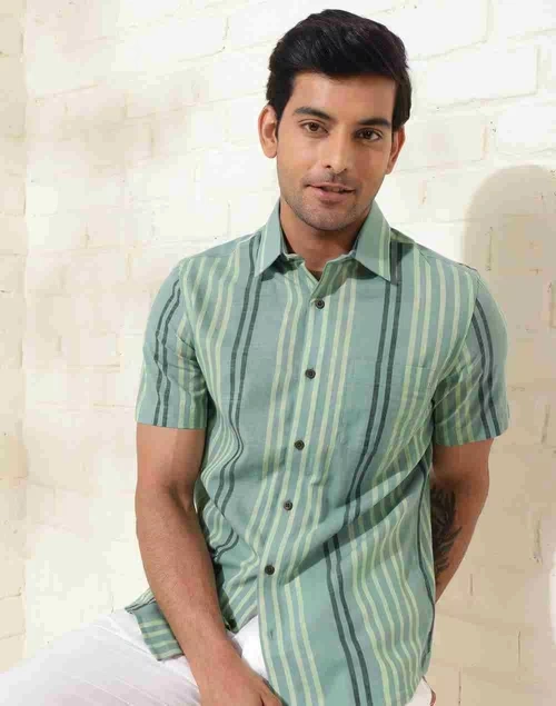 Green Cotton Striped Slim Fit Shirt