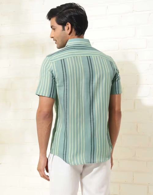 Green Cotton Striped Slim Fit Shirt 4 Green Cotton Striped Slim Fit Shirt