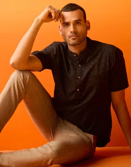 Black Cotton Ikat Slim Fit Mid Placket Shirt