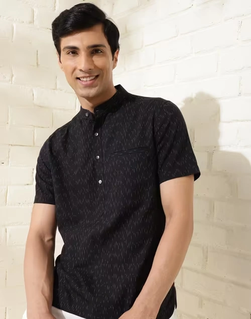 Black Cotton Ikat Slim Fit Mid Placket Shirt