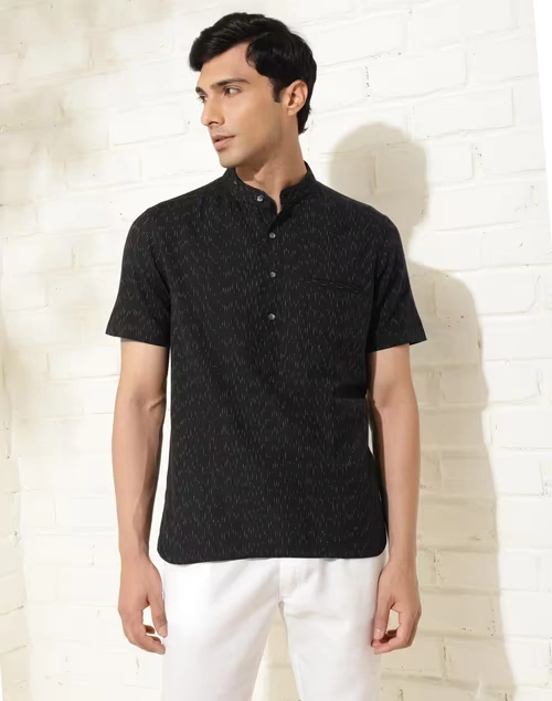 Black Cotton Ikat Slim Fit Mid Placket Shirt