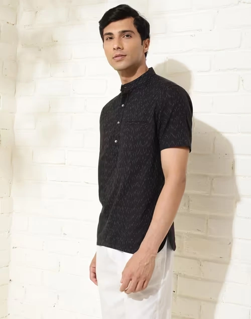 Black Cotton Ikat Slim Fit Mid Placket Shirt