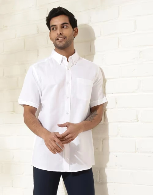 White Cotton Linen Dobby Shirt
