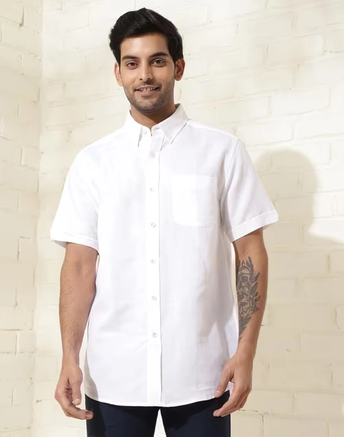 White Cotton Linen Dobby Shirt