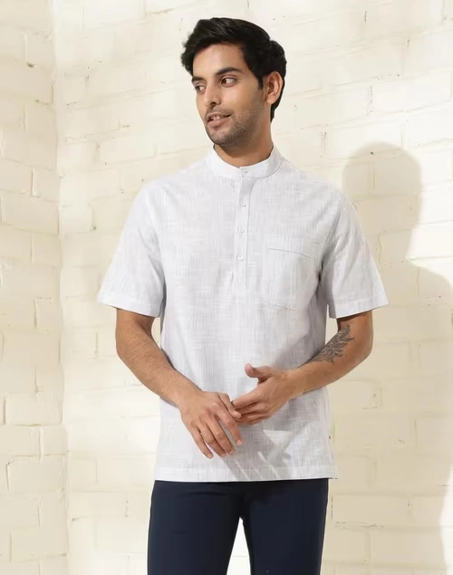 Blue Cotton Striped Mid Placket Shirt