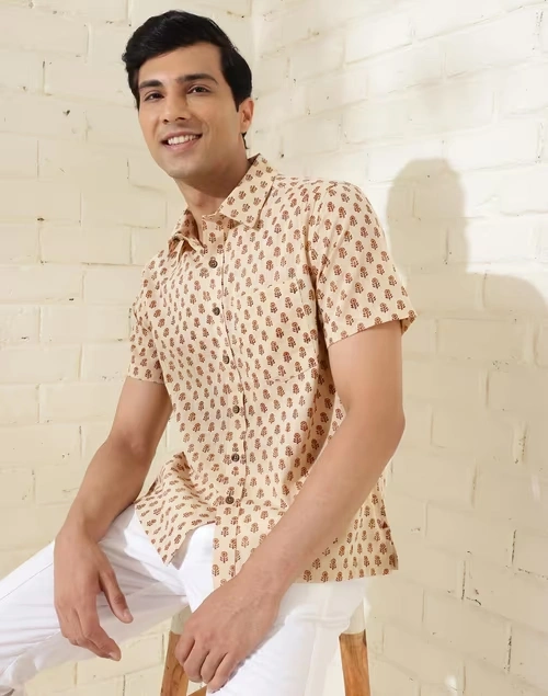 Beige Cotton Hand Block Printed Bush Shirt