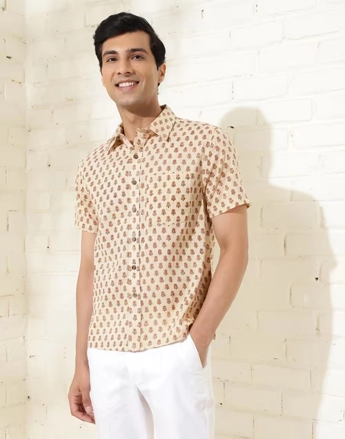 Beige Cotton Hand Block Printed Bush Shirt