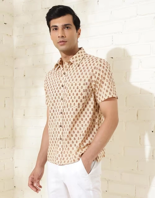 Beige Cotton Hand Block Printed Bush Shirt 3 Beige Cotton Hand Block Printed Bush Shirt