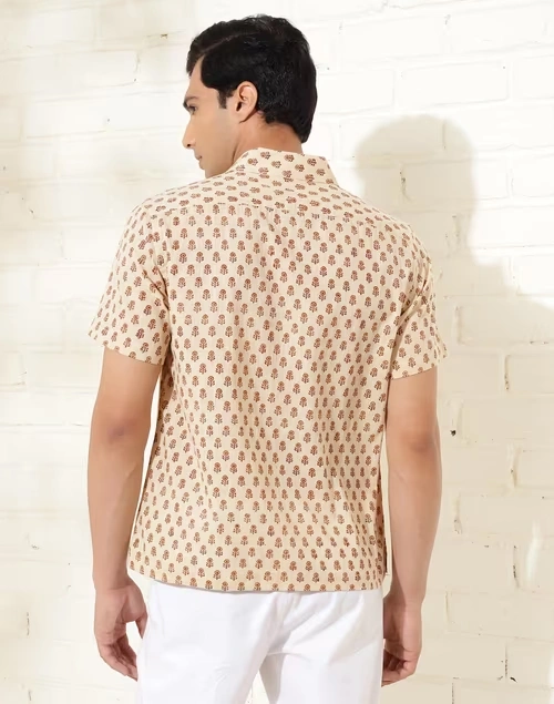 Beige Cotton Hand Block Printed Bush Shirt 4 Beige Cotton Hand Block Printed Bush Shirt
