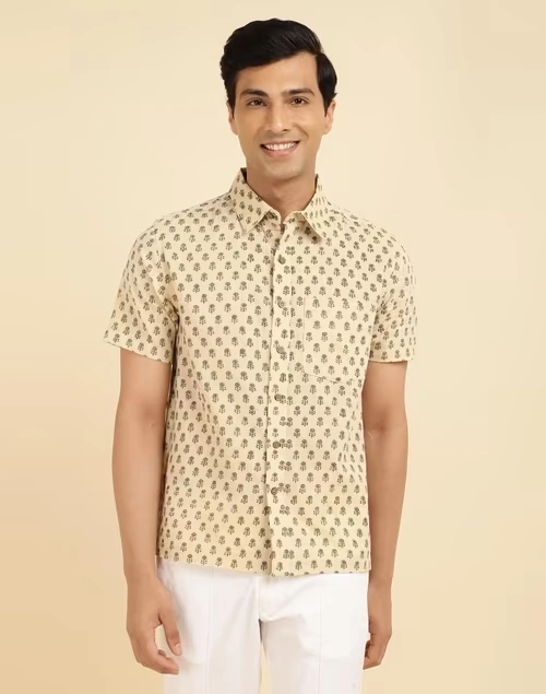 Beige Cotton Hand Block Printed Bush Shirt