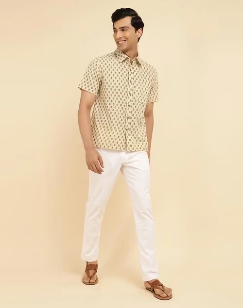 Beige Cotton Hand Block Printed Bush Shirt