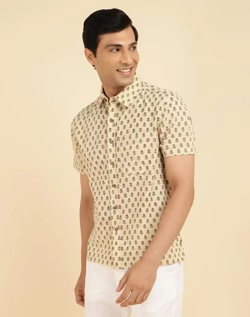 Beige Cotton Hand Block Printed Bush Shirt