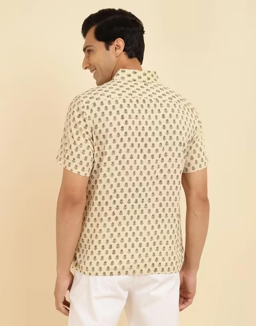Beige Cotton Hand Block Printed Bush Shirt