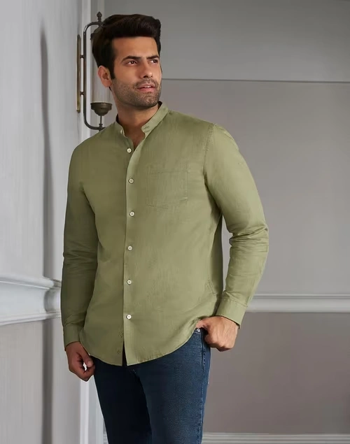 Green Linen Blend Slim Fit Shirt
