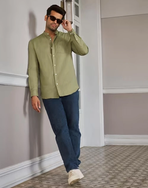 Green Linen Blend Slim Fit Shirt