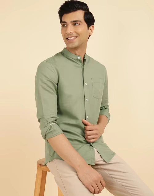 Green Linen Blend Slim Fit Shirt 3 Green Linen Blend Slim Fit Shirt