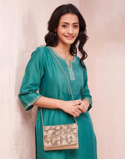 Golden Hand Embroidered Clutch