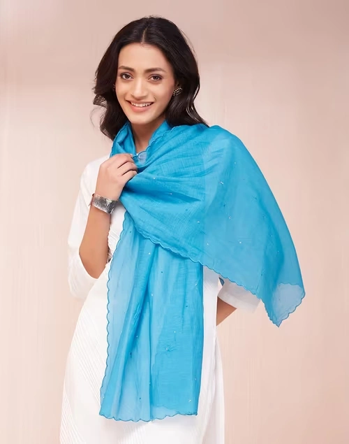 Blue Cotton Silk Woven Stole