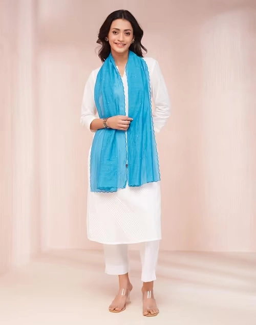 Blue Cotton Silk Woven Stole 3 Blue Cotton Silk Woven Stole